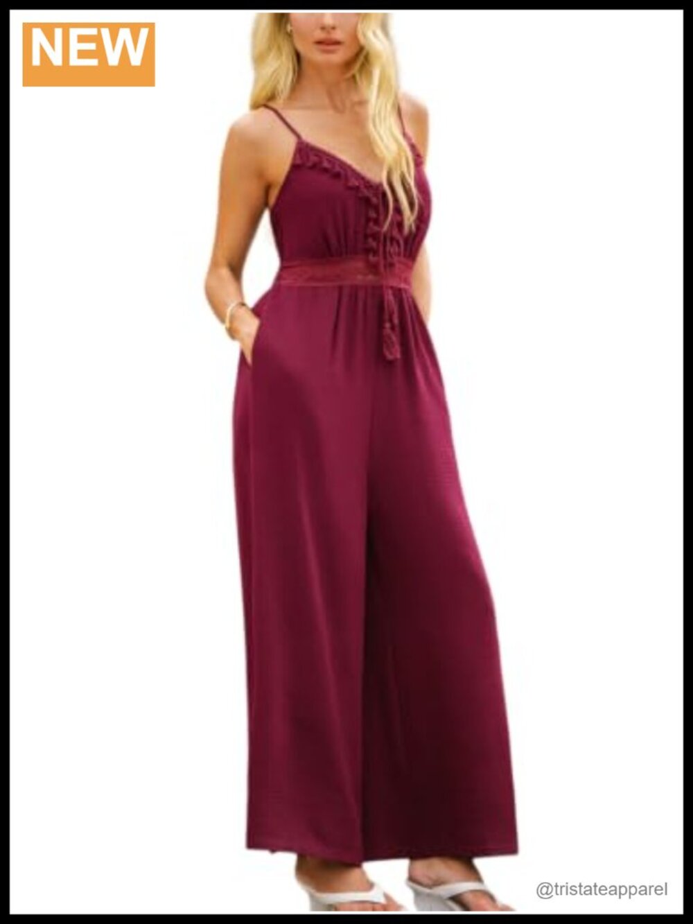 Boho V-Neck Lace Maxi Jumpsuit Tassel Trim Smocked Wide Leg